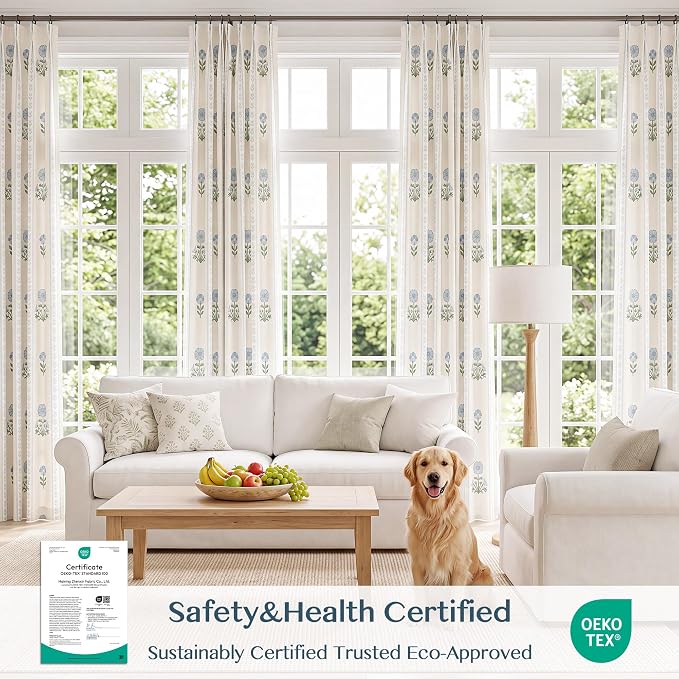 THREE GIRLS Pinch Pleated Light Filtering Linen Blend Floral Block Print Curtains for Living Room, Bedroom, Modern Farmhouse, Memory Trained, Hooks, 2 Panels Set, 40"x90", Blue