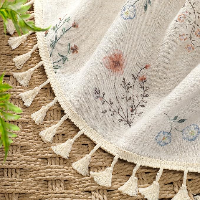 Boho Floral 100% Blackout Curtains for Bedroom 108 Inch Length 2 Panels Set, Linen Texture Farmhouse Curtains Beige Tassel for Living Room Vintage Thermal Insulated Room Darkening