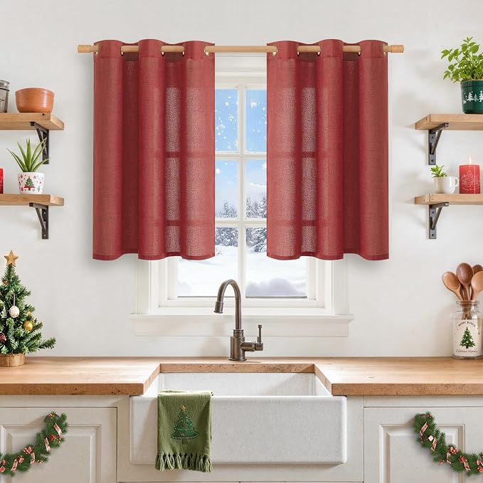 YoungsTex Burgundy Red Linen Curtains 36 Inch Length, Short Light Filtering Drapes Semi Sheer with Bronze Grommet Lightweight for Cafe Bathroom Window, 42 x 36 Inch, 2 Panels