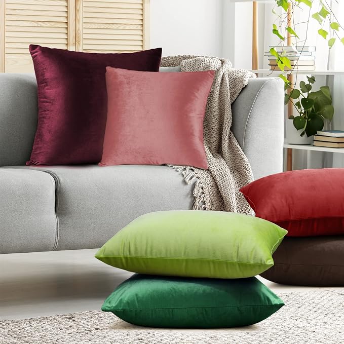 Nestl Throw Pillow Covers, Cozy Velvet Decorative Pillow Cases 24 x 24 Inches, Soft Solid Couch Pillow Covers for Sofa, Bed and Car, Set of 4 - Burgundy Red