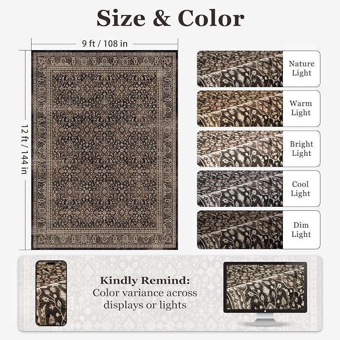 Brown Black 9x12 Rugs for Living Room, Vintage Farmhouse Large Rugs for Bedroom with Moroccan Floral Trellis Pattern, Washable Non Slip Ultra Thin Carpet Rug for Dining Room, Earthy Dark Wood