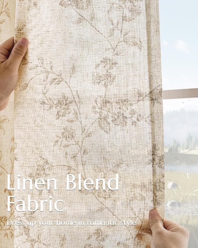 jinchan Taupe Floral Linen Curtains 108 Inch Extra Long Back Tab 2 Panels | Flower patterned drapes, farmhouse, french country, light filtering, semi sheer, bedroom, living room, office, home decor