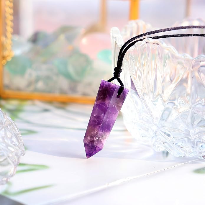 Runyangshi Healing Crystal Pendants, Single Pointed Natural Crystal Quartz Necklace 6 Faceted Chakra Crystal Wand Stone Reiki Energy