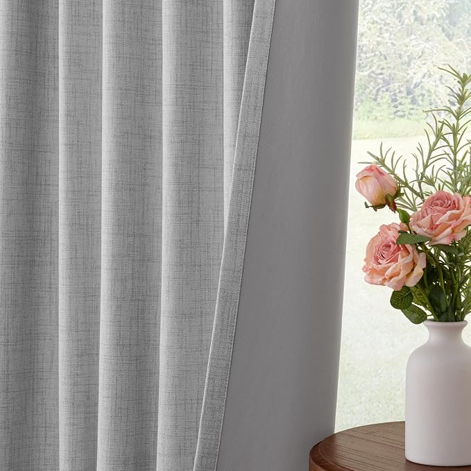 INOVADAY 100% Blackout Curtains for Bedroom, Grey Black Out Curtains 108 Inch Long, Clip Rings Linen Blackout Drapes, Thermal Insulated Room Darkening for Living Room, 2 Panels - W50xL108