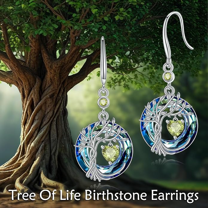 POPLYKE Tree of Life Birthstone Earrings 925 Sterling Silver Dainty Gemstone Birthstone Dangle Drop Earring with Crystal Fine Jewelry Birthday Gifts for Women Her