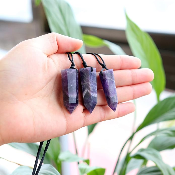 Runyangshi Healing Crystal Pendants, Single Pointed Natural Crystal Quartz Necklace 6 Faceted Chakra Crystal Wand Stone Reiki Energy