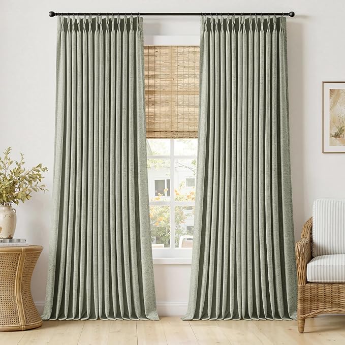 MIULEE Pinch Pleated Thick Linen Curtains 108 Inches Length 2 Panels for Living Room Bedroom, Extra Long Pinch Pleat Drapes Back Tab Light Filtering Sage Green Foor to Ceiling Curtains with Hooks