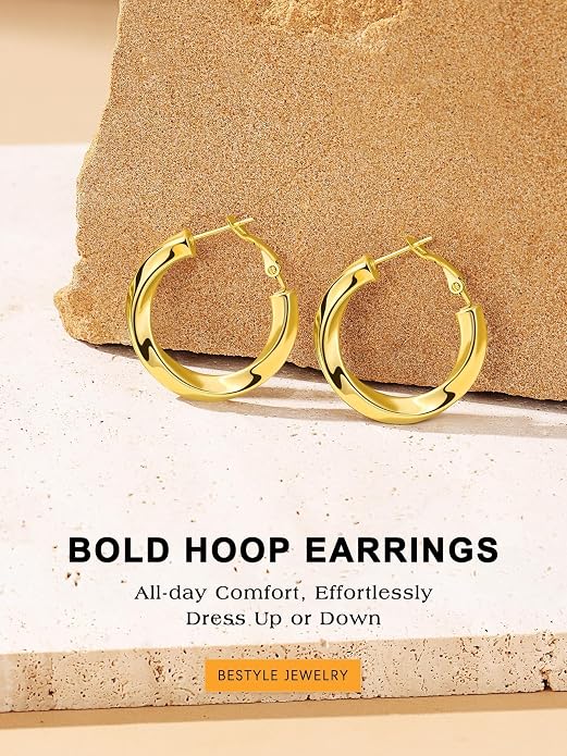Bestyle 5mm Thick Gold Hoop Earrings Hypoallergenic Hoops for Sensitive Ears Trendy Lightweight Chunky Earrings for Women 30/40/60/80mm