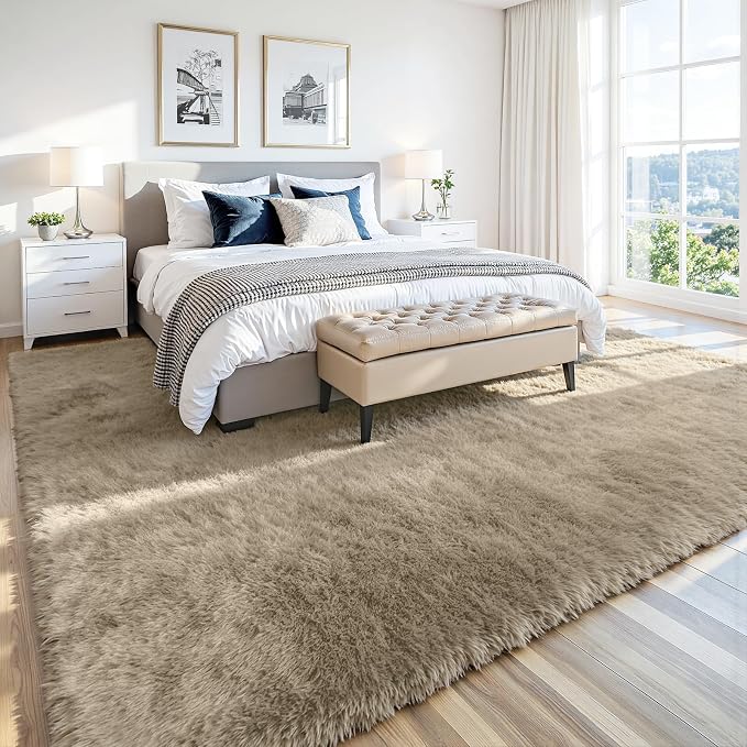 8x10 Area Rug for Living Room, Ultra Soft Fluffy Grey Camel Rugs for Bedroom, Non Slip Large Shag Carpet, Fuzzy Plush Nursery Rug, Thick Washable Indoor Floor Carpets for Kids Office Dorm Home Decor