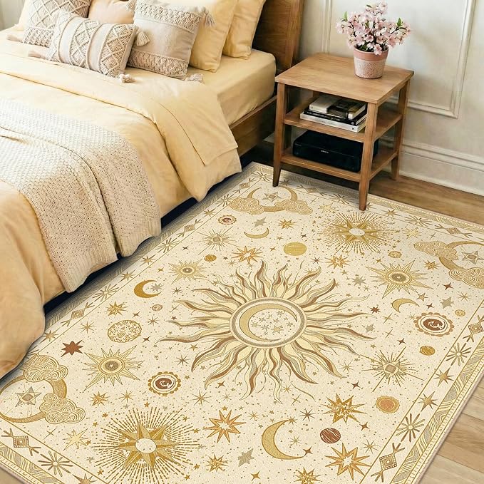 Vacuum-Friendly, 4x6 Washable Area Rug, Beige Camel Brown | Sun and Moon Boho Gothic Non-Slip Low Pile Living Roon Bedroom Dining Room Kitchen Entry Entryway Entrance Hallway Doormat