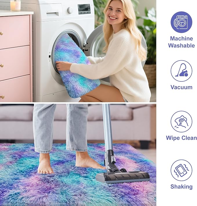 Purple Rainbow Rug 5x8ft Fluffy Plush Area Rugs for Girls Bedroom, Shaggy Rugs for Kids Playroom, Kawaii Princess Fuzzy Rugs for Nursery Baby Toddler, Cute Colorful Room Decor for Girls Room
