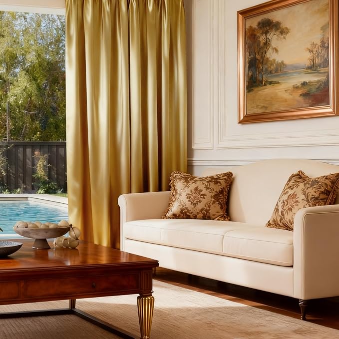HOMEIDEAS 2 Panels Faux Silk Curtains for Living Room Gold Blackout Luxury Curtains, 52 X 63 Inch Room Darkening Thermal Insulated Christmas Window Drapes for Living Room, Bedroom Decor