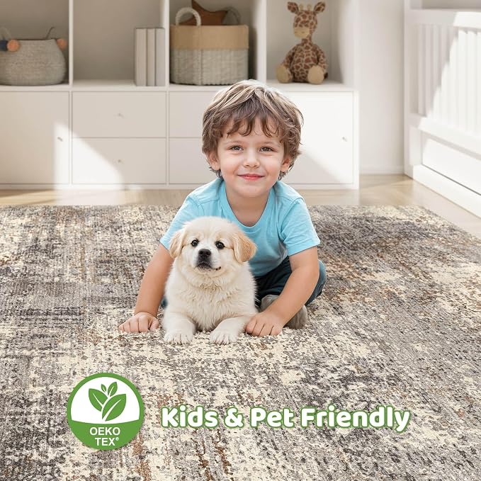 5x7 Area Rugs Living Room: Washable Large Abstract Neutral Modern Soft Rug Stain Resistant Indoor Floor Non-Slip Accent Carpet for Bedroom Nursery Playroom Dining Room Office Home- Sand Brown Black