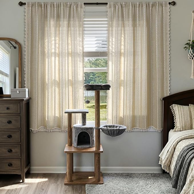 ColorBird Boho Curtains Linen-Textured for Living Room Bedroom Natural Brown 63 Inch Length Farmhouse Light Filtering Neutral Embroidered Striped Linen Drapes 2 Panels Window Treatment