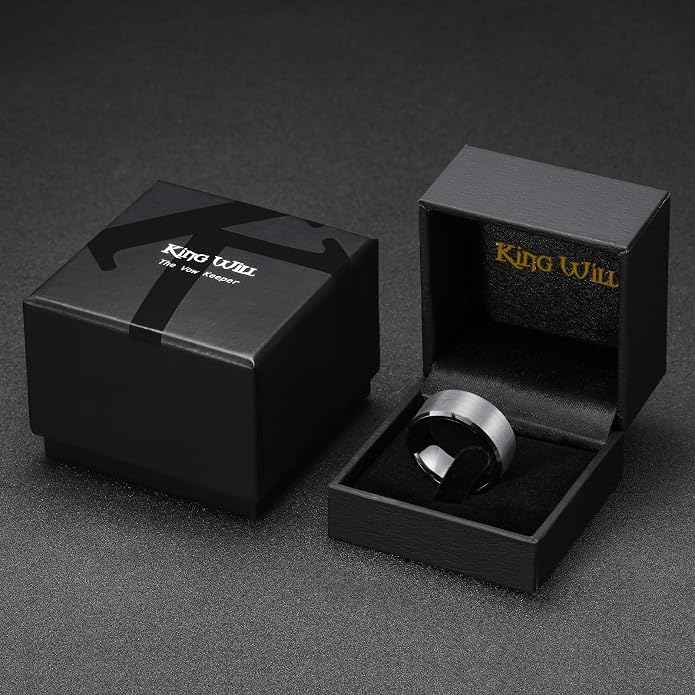King Will Tungsten Men's Wedding Ring - Available in 6mm to 10mm, Black/Silver, Matte Finish, Beveled Polished Edge, Comfort Fit