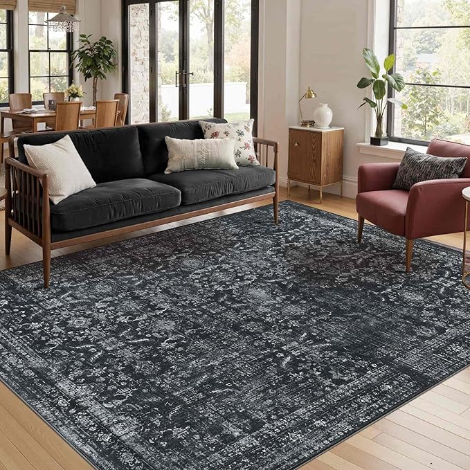 Rugxara Black 4x6 Area Rug Washable Rug for Living Room Bedroom Office | Non Slip, Throw Rug for Entryway Dining Room Kids Room, Stain Resistant, Soft, Low Pile, Vintage Boho Floral Carpet