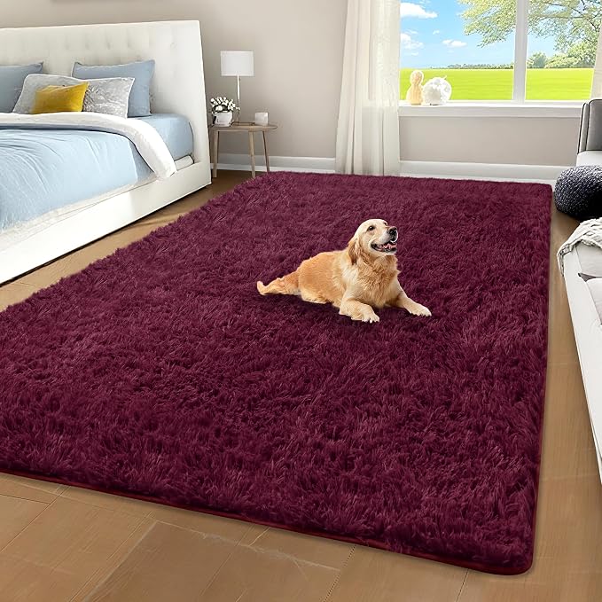 Burgundy Fluffy Shag Area Rug for Bedroom Living Room Girls, 4x6 | Ultra Soft Comfy, Fuzzy Shaggy Plush Carpet for Nursery Kids Dorm, Modern Indoor Home Decor, Upgrade Non-Slip