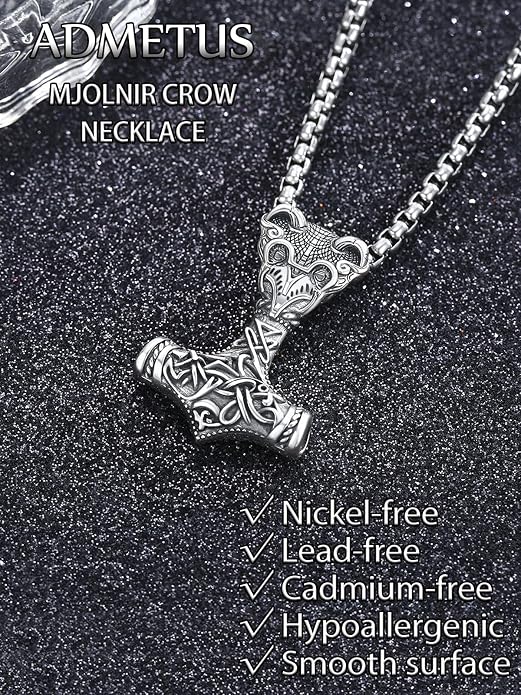 ADMETUS 925 Sterling Silver Thor Hammer Necklace Viking Mjolnir Pendant Jewelry Gifts for Men with 2.5mm 22"+2" Rolo Chain