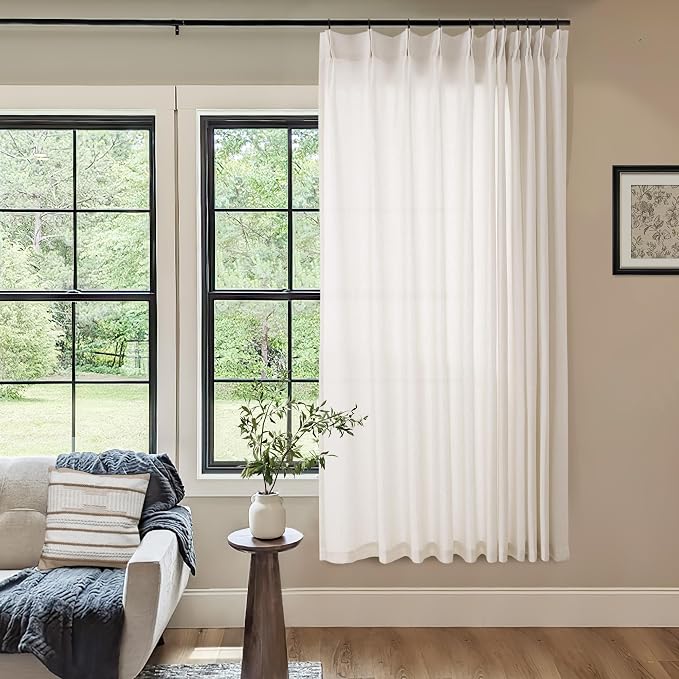 Natural Pinch Pleated Linen Curtains 72 Inches Long 72 Inch Wide | Semi Sheer Light Filtering, Shower Curtain 72x72, for Living Room Bathroom Bath, Boho Neutral, Pinch Pleat Drape, Hooks Rings