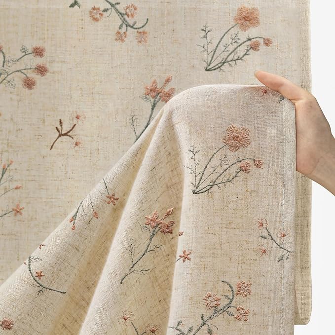 Floral Embroidered Linen Blend Curtains for Bedroom, 63 Inch Light Filtering Spring Farmhouse Vintage Drapes Beige Flower Window Treatments for Living Room Rod Pocket, Set of 2 Panels