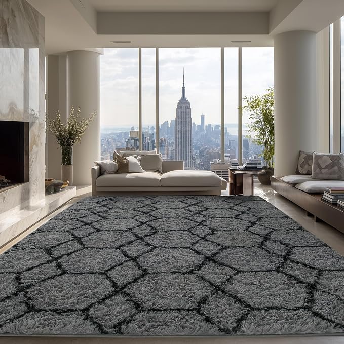 Fluffy Rug for Living Room, Soft Modern 8x10 Grey and Black Shag Area Rugs | Non Slip Grey Carpet for Bedroom, Home Decor Aesthetic, Washable Large Fuzzy Plush Floor Mat for Nursery Teen Dorm