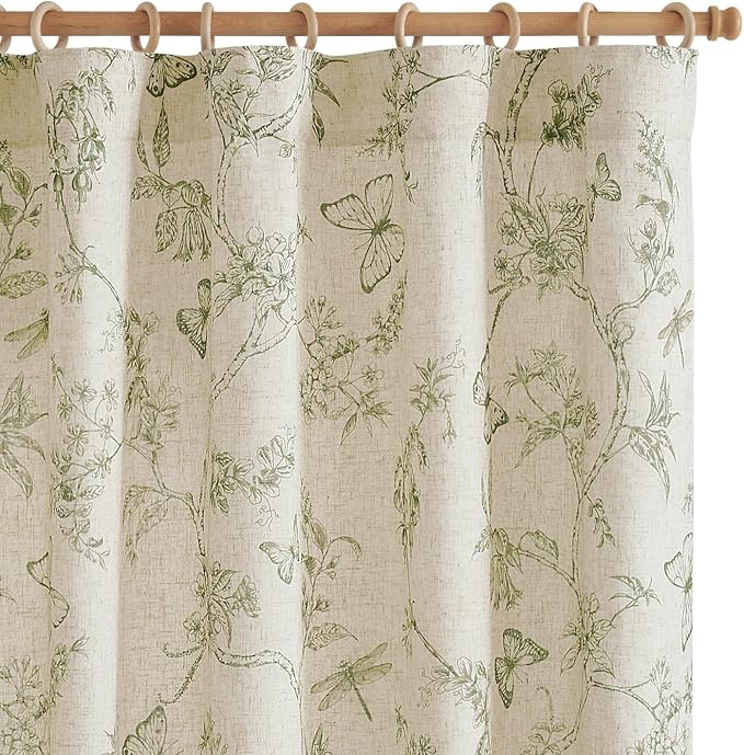 jinchan Green Floral Linen Curtains Lined 63 Inch Vintage Back Tab 2 Panels | Privacy lining, light filtering drapes, cottagecore, french country, farmhouse, bedroom, living room, window treatment