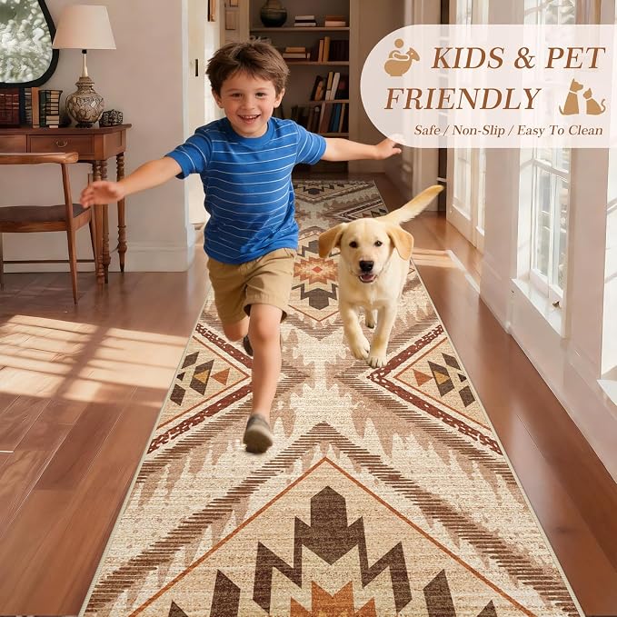 2x10Ft Boho Hallway Runner Rugs Non Slip, Light Brown Washable Kitchen Rug Runners, Soft Low Pile Geometric Moroccan Farmhouse Entryway Floor Carpet for Bedroom Home Decor