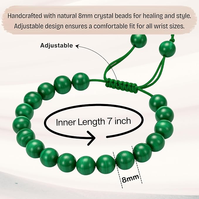 Amazing Gemstone Malachite Bracelet for Women Men's Gifts - Protection Healing Crystal Bracelet - 8mm Gemstones Beaded Adjustable Bracelet Pulseras para Hombres Mujer Stocking Stuffers