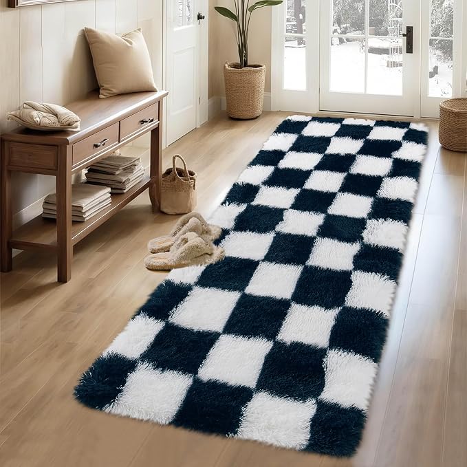 Garvee Checkered Fluffy Runner Rugs 2x6 Fluffy Fuzzy Shag 2x6 Runner Rug for Hallyway Non-Slip Ultra Soft Checkered Fluffy Rugs for Girls Kids Room Shag Plush Rug for Teen Room Decor Bedroom,Blue