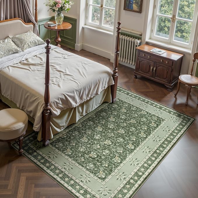 Lahome Floral Green Rugs for Bedroom, Non Slip Washable Rugs 5x7 Rug for Living Room, Stain Resistant Vintage Floral Rug for Dining Room Office (5'x7', Green)