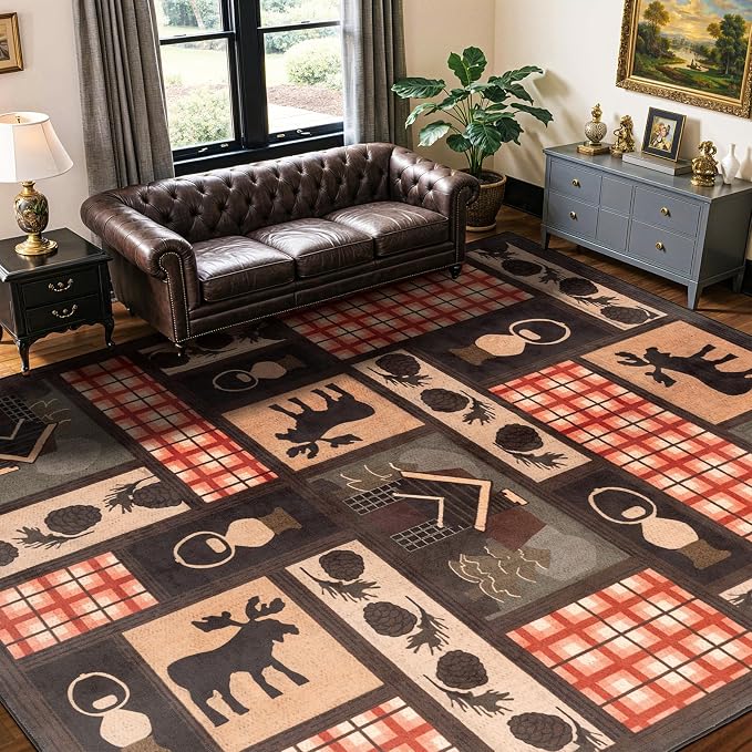 LIANLAM 8x10 Washable Area Rugs for Living Room and Bedroom(8x10,Deer) | Non-Slip Large Carpet,Vintage Checkered Pattern, Stain Resistant Faux Wool Low Pile Soft Rug for Dining Room,Office,Nursery