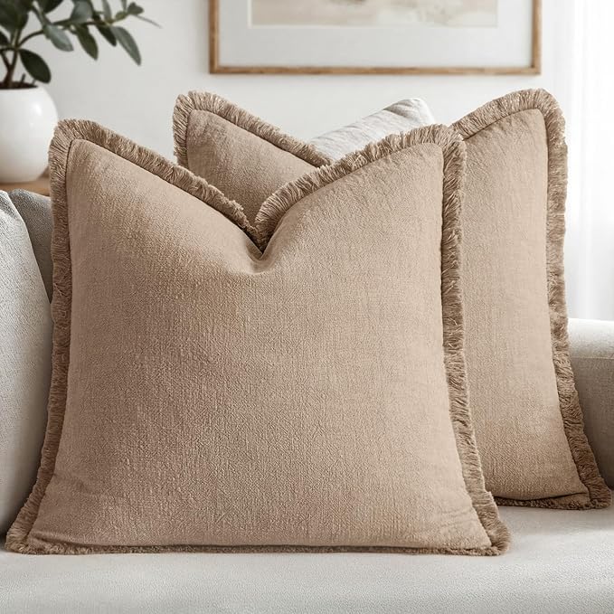 MIULEE Decorative Throw Pillow Covers Neutral Linen Fringe Throw Pillows Euro Shams Set of 2 Camel Boho Farmhouse Cushion Covers for Couch Sofa Bed Living Room Spring Home Decor 26x26 Inch