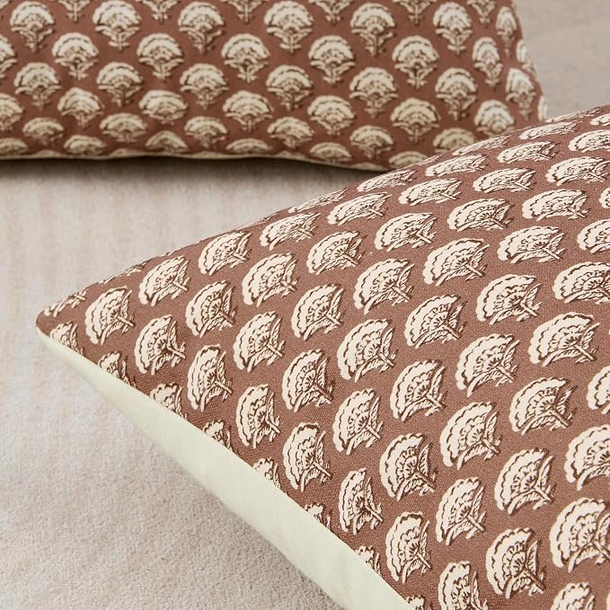 MIULEE Set of 2 Decorative Floral Pillow Covers Neutral Vintage Throw Pillows Block Print Boho Farmhouse Cushion Covers for Modern Spring Home Decor Couch Sofa Bed Living Room, 22x22 Inch, Almond