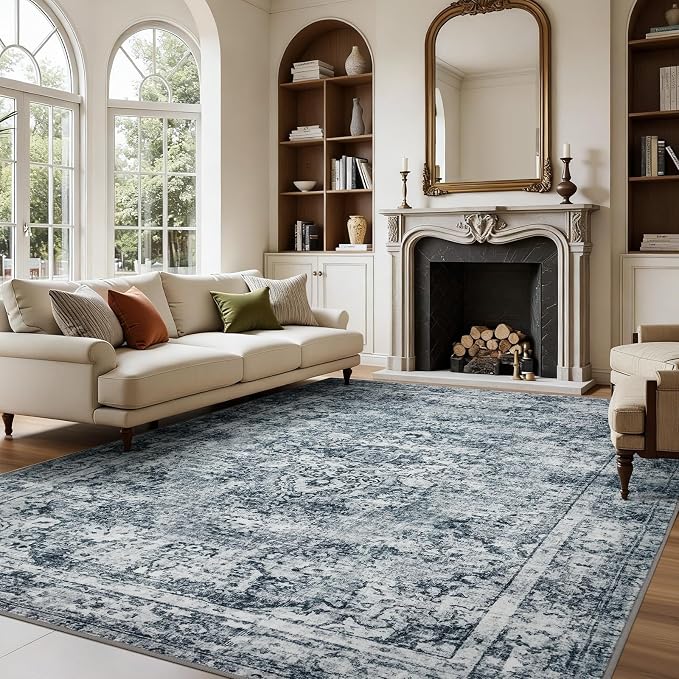 Joydeco 6x9 Area Rugs for Living Room Vintage, Light Grey | Non Slip Machine Washable Low Pile for Bedroom Dining Room Home Office Pet & Child Friendly