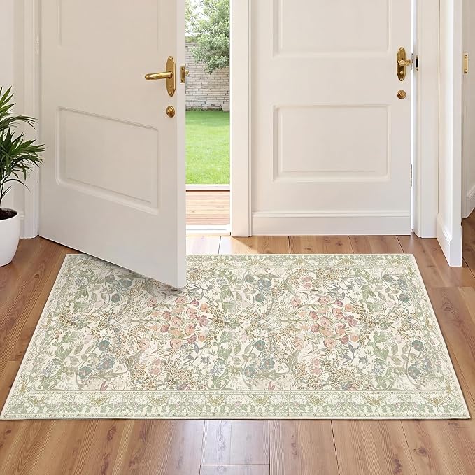 Washable Bathroom Rug 2x4 Non Slip - Sage Green Small Rugs Front Door Rugs Indoor, Vintage Cream Beige Green Floral Style Rug for Kitchen, Laundry, Perfect for Entryway Décor