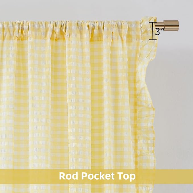 ZJDECOR Yellow Buffalo Plaid Ruffle Window Curtains 72 Inches Length | Crinkle Ruffle Cortinas,Nursery Kids Room,Not-See-Through Sheer Drapes,Farmhouse Window Treatment,Rod Pocket,40"Wx72"Lx2