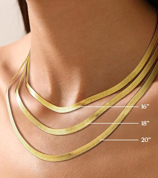 Wowshow 14K Gold Plated Italian Snake Chain Necklace Flat Herringbone Choker Dainty Necklace Bracelet Set for Women 16-18-20 Inch