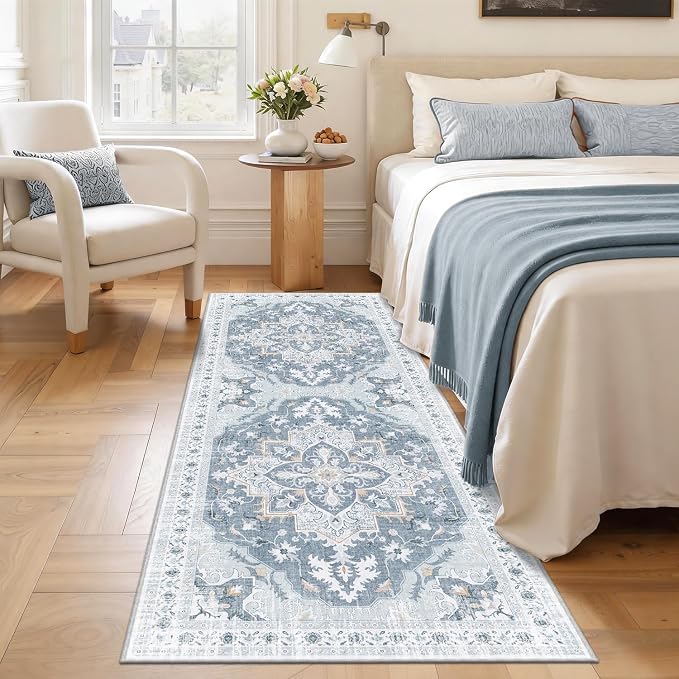 2x6 Runner Rug, Soft Non-Slip Vintage Medallion Rug, Low-Pile Printed Indoor Runners for Entryway, Hallways, Kitchen, Laundry Room, Bedside -Blue/Gray | Low-Pile Printed Indoor Runners for Entryway, Hallways, Kitchen, Laundry Room, Bedside