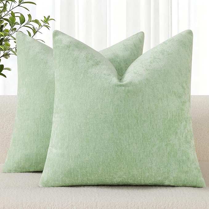 decorUhome Soft Chenille Sage Green Throw Pillow Covers 24X24 Set of 2 | Decorative Fall Couch Pillow Covers Solid Dyed Accent Modern Euro Sham Farmhouse Neutral Square Pillow Cases for Sofa