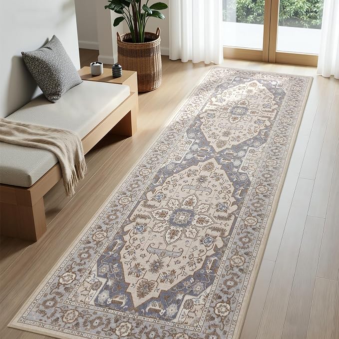 Joydeco Washable 2x6 Hallway Runner Vintage, Beige & Blue & Reddish-Brown | Water Resistant Low Pile Non Slip Backing for Kitchen Entryway Bedroom Bathroom Dining Room
