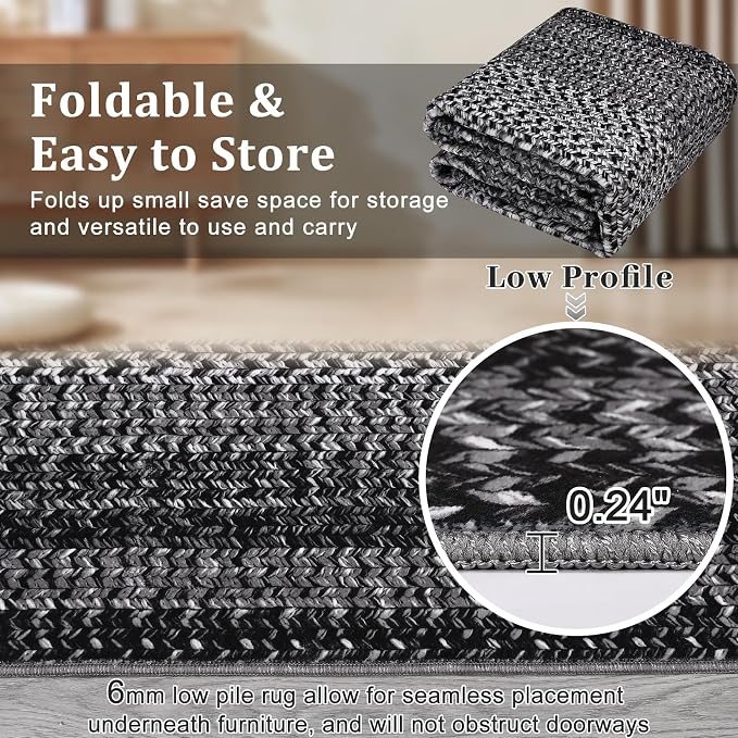 5x8 Oval Living Room Area Rug Washable Modern Border Bedroom Bedside Area Rugs Non Slip Low Pile Dining Room Oval Throw Carpet Contemporary Rugs for Living Room Kitchen Nursery, Black