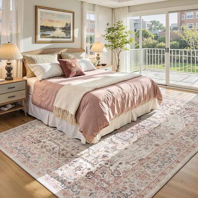 5x7 Dusty Pink Area Rugs for Living Room - Vintage Light Pink Boho Medallion Aesthetic Distressed Washable Rug, Soft Non-Slip Backing Low Pile Carpet for Nursery, Lounge, Bedroom Foot of Bed
