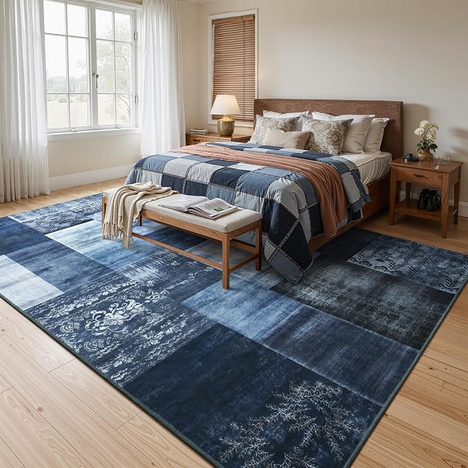DweIke Washable Area Rugs 4x6 for Living Room, Modern Geometric Navy Blue Soft Patchwork Carpet, Non-Slip Stain Resistant Throw Rug for Bedroom Dining Room Office Home Decor