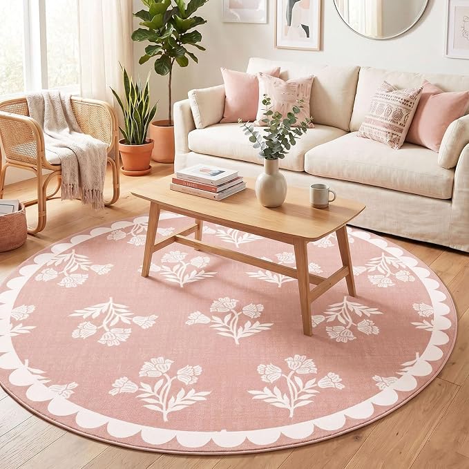 Pink Round Rugs 6ft - Soft Washable Boho Floral Bedroom Circle Rug Stain Resisantt Scalloped Dining Room Rugs for Under Round Table Vintage Area Rug for Living Room Nursery Kids Room