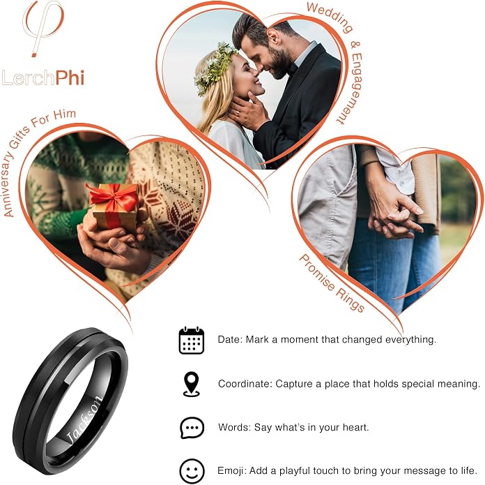 LerchPhi Tungsten Wedding Band for Men, Engraved and Customizable Promise Rings for Him and Her, Width 6MM 8MM Size 6-14, Center Grooved Beveled Edge, Comfort Fit