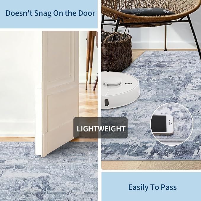 GarveeHome 6x9 Abstract Area Rugs Blue Washable Living Room Bedroom Rug | Soft Low Pile Non Slip Accent Rug for Living Room, Dining Room, Modern Neutral Indoor Carpet