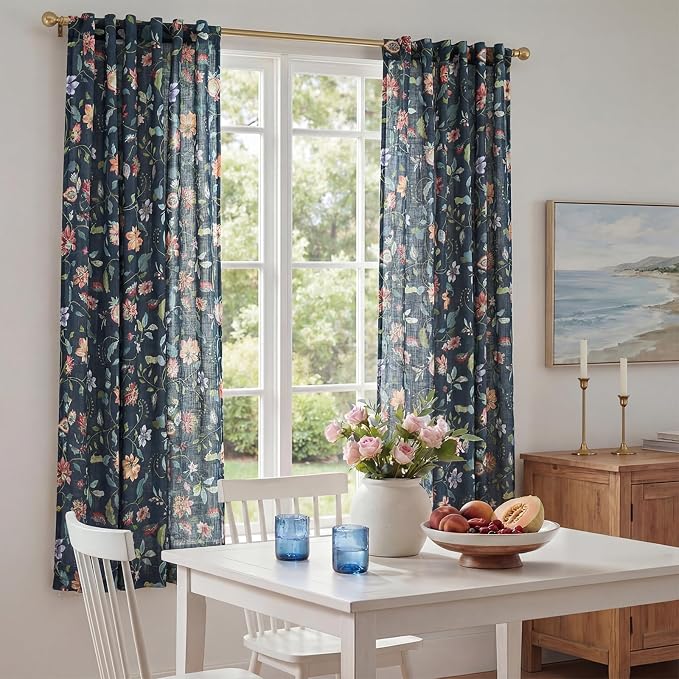 jinchan Dark Blue Floral Linen Curtains 63 Inch Vintage Back Tab 2 Panels | Farmhouse, cottage core, light filtering, semi sheer, drapes, flower, bedroom, living room, window treatment, rod pocket