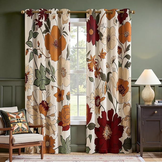 jinchan Beige Boho Floral Blackout Curtains 84 Inch Grommet 2 Panels | Room darkening, Vintage, living room, bedroom, privacy, floral print, flower pattern, fall decor, window treatments