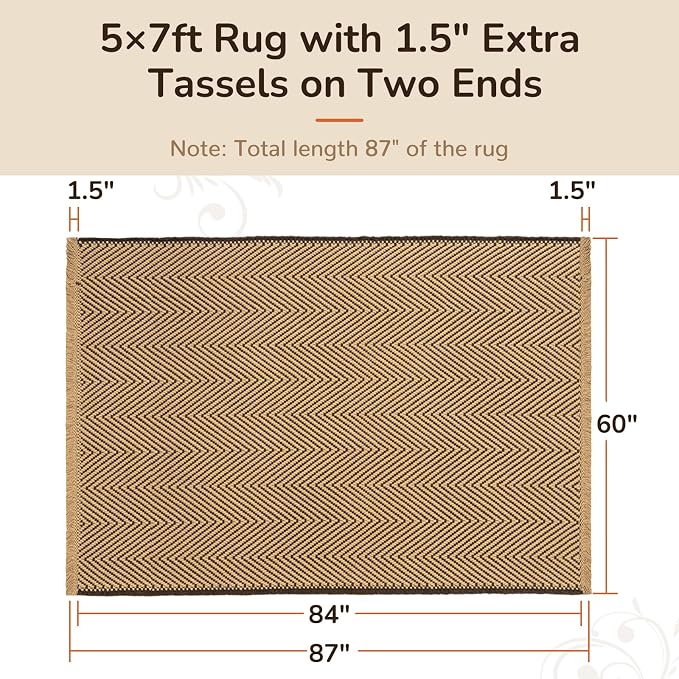 5x7 Washable Boho Area Rug with Tassels for Living Room Beige Coffee | Vacuum Friendly, Machine Washable, Non-Slip Rug, Modern Farmhouse Neutral Decor Carpet, Bedroom Dining Room Office Kitchen