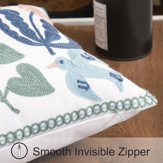 Embroidered Throw Pillow Covers 12x20 inch Set of 2 Green Leaves with Birds Floral Tufted Pillowcases Summer Decorative Coastal Pillow Cushion Cases Lumbar Navy Blue Flower Pillow Case